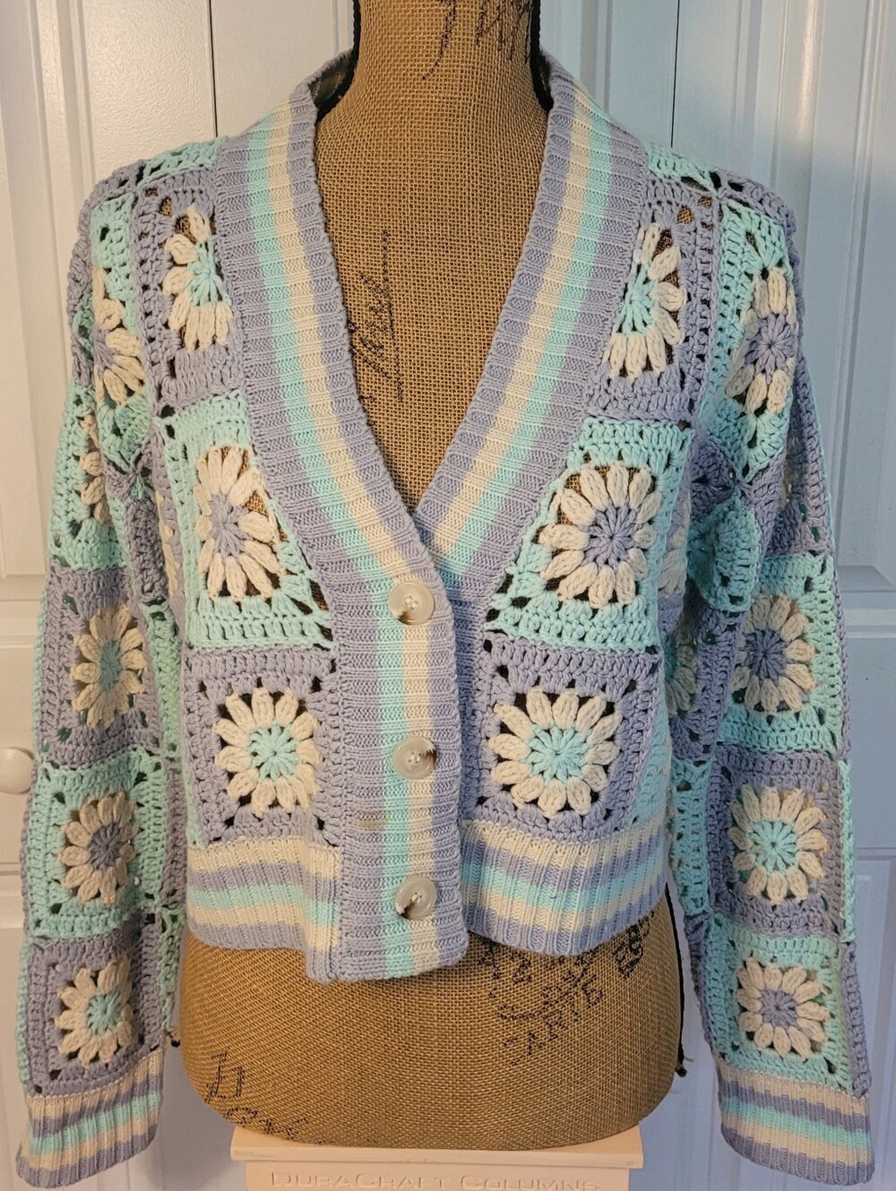 Crochet Floral Granny Squares Pastel Cardigan, Pink Lily, EUC, M, BEAUTIFUL!